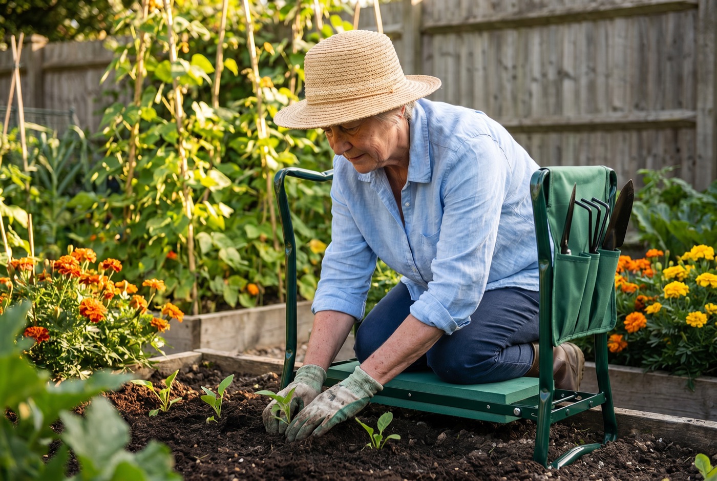 A woman in her late 60s kneeling comfortably on the green 2-in-1 garden kneeler, planting seedlings in a sunny vegetable garden