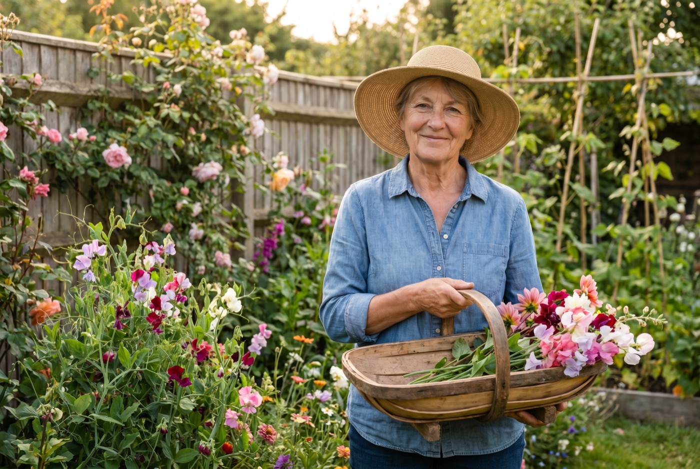 A content older woman standing in a blooming cottage garden holding a trug of fresh-cut sweet peas and dahlias